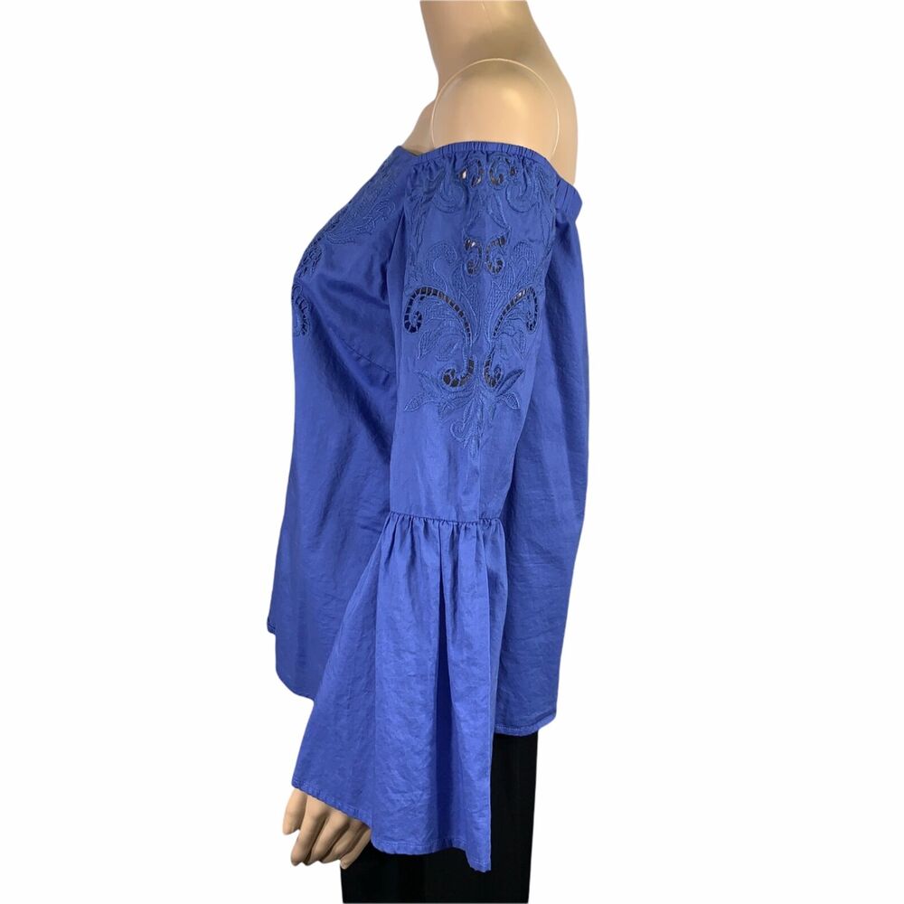 Chicos Womens Blouse Top Shirt Off Shoulder Bell Sleeve Blue Size 0 Small 4 - Picture 9 of 13